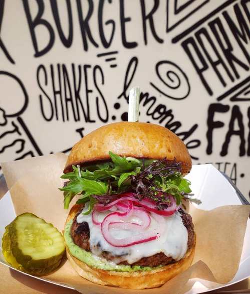 A delicious burger with lettuce, pickled onions, and melted cheese, served with a pickle on the side.