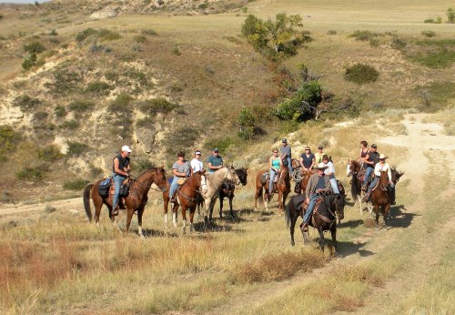 A group of people on horseback gathered on a trail in a grassy, hilly landscape.