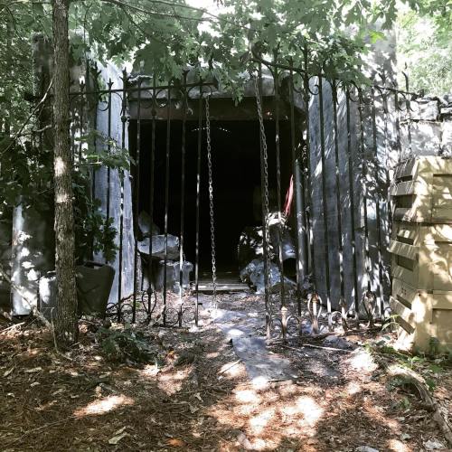 A dark entrance to a structure, framed by trees and a wrought iron gate, with scattered debris on the ground.