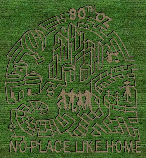 A maze design featuring "80th" and "No Place Like Home" with iconic elements like a hot air balloon and buildings.