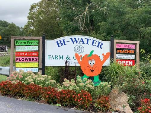 Sign for Bi-Water Farm & Greenhouse with colorful produce listings and a cheerful pumpkin character in front.