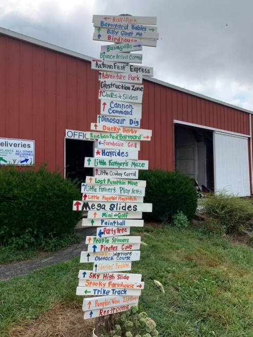 A tall signpost with colorful arrows pointing to various attractions and activities, set against a red barn backdrop.