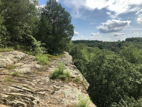 A rocky cliff edge overlooks a lush green forest under a partly cloudy sky.
