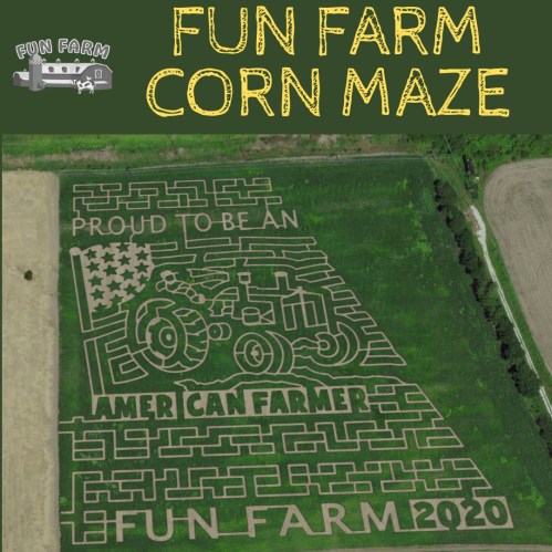 Aerial view of a corn maze shaped like a tractor with "Proud to be an American Farmer" text. Fun Farm logo at the top.