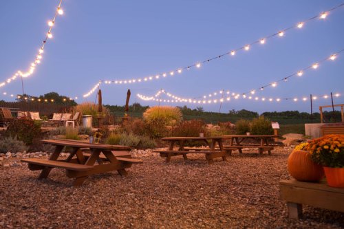 A cozy outdoor space with picnic tables, string lights, and autumn decorations at dusk.