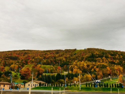 A scenic view of a hillside covered in autumn foliage, with ski lifts and buildings in the foreground.
