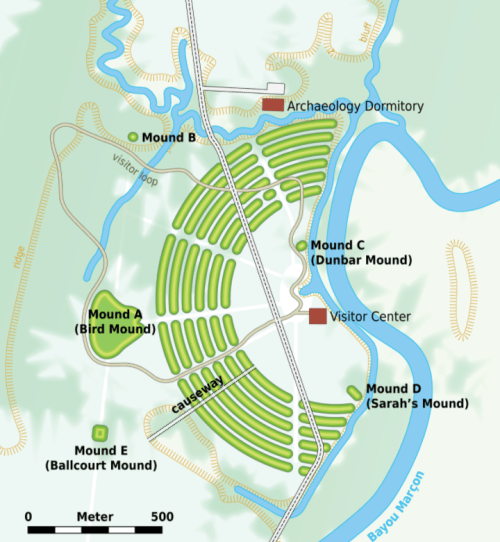 Map of archaeological site showing mounds (A-E), visitor center, dormitory, and surrounding waterways.