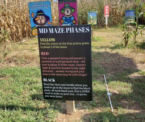 Sign in a corn maze outlining two phases: Yellow for finding posts and Red for answering questions to navigate.