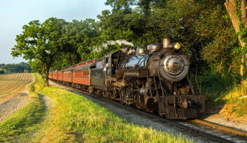 A vintage steam train travels along a scenic track, surrounded by lush greenery and fields. Smoke billows from the engine.