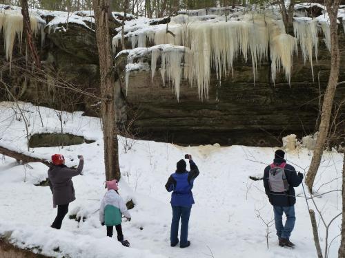 Four people in winter clothing admire icicles hanging from a rocky cliff in a snowy forest.