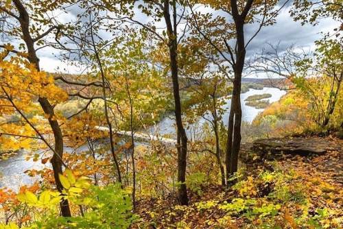 A scenic view of a river winding through vibrant autumn foliage and trees under a cloudy sky.