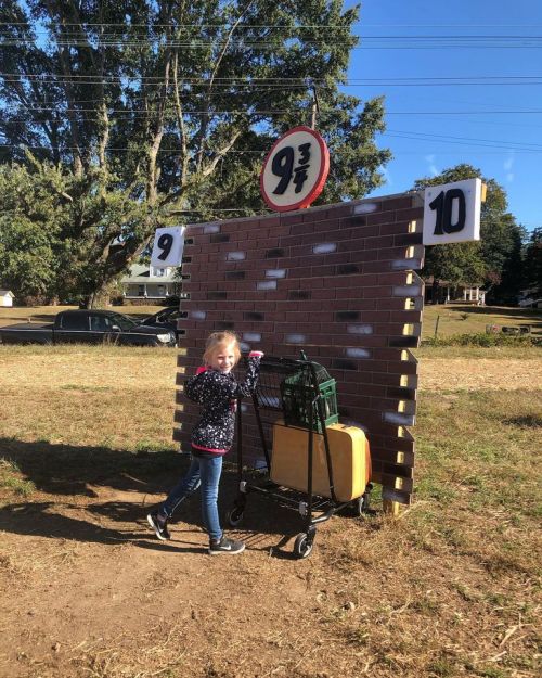 A girl stands next to a brick wall with a sign reading "9¾," holding a shopping cart in a grassy area.