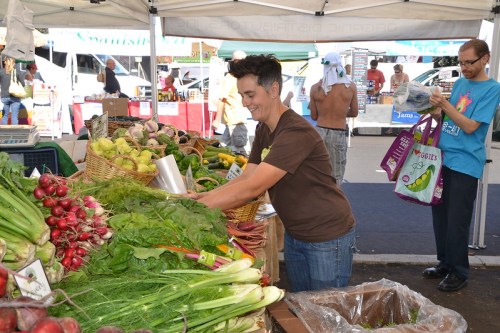 A vendor arranges fresh produce at a bustling farmers market, with shoppers browsing in the background.