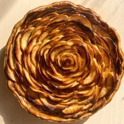 A beautifully arranged apple tart with a rose-like design, featuring golden-brown baked apple slices.