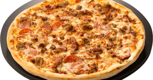 A freshly baked pizza topped with pepperoni, sausage, and melted cheese on a golden crust.