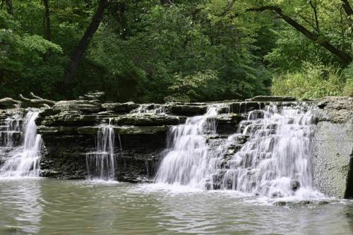 A serene waterfall cascading over rocky ledges into a calm pool, surrounded by lush green trees.