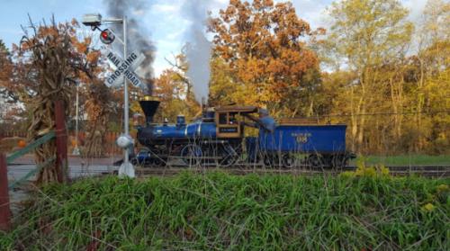 A vintage steam train passes a railroad crossing sign, surrounded by autumn foliage and tall grass.
