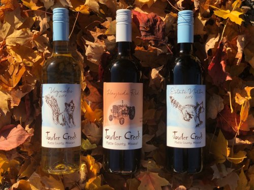Three bottles of wine on colorful autumn leaves, labeled "Vignoles," "Hayfield Red," and "Estate Merlot" from Towler Creek.