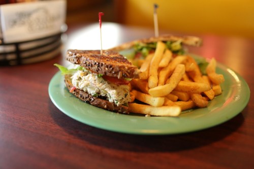 A plate with a toasted sandwich filled with chicken and vegetables, accompanied by a side of golden French fries.