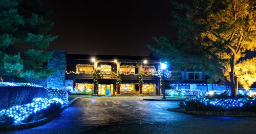 A festive building adorned with colorful holiday lights, surrounded by illuminated trees and a dark night sky.
