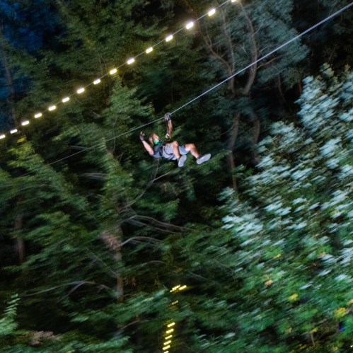 A person zip-lining through a forest at night, illuminated by string lights in the trees.