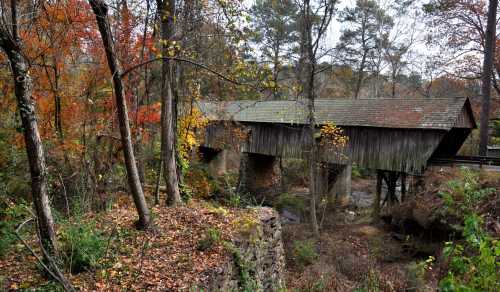 A rustic covered bridge surrounded by autumn foliage and trees, spanning a small stream in a serene landscape.