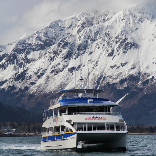 A large ferry navigates through water with snow-capped mountains in the background under a cloudy sky.