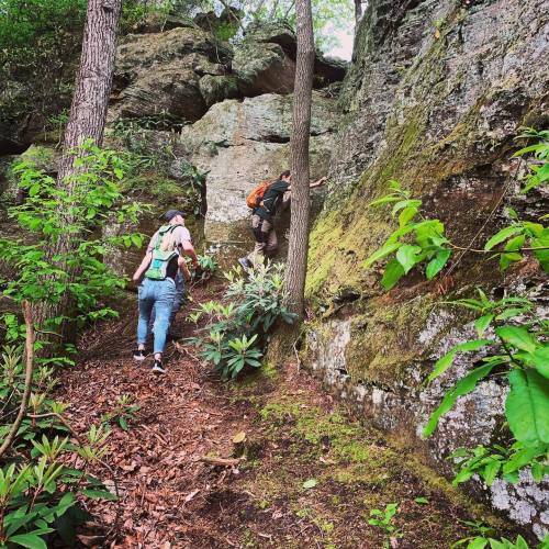 Two hikers navigate a rocky trail surrounded by lush greenery and moss-covered rocks.