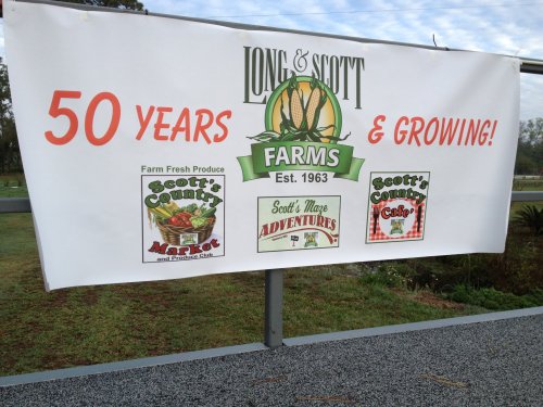 Banner celebrating 50 years of Long & Scott Farms, featuring logos for Scott's Country Market, Adventures, and Café.