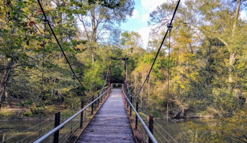 A wooden suspension bridge spans a calm river, surrounded by lush green trees and a clear blue sky.