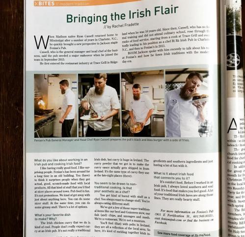 Article titled "Bringing the Irish Flair" featuring chefs and dishes at Fenian's Pub, highlighting Irish culinary traditions.