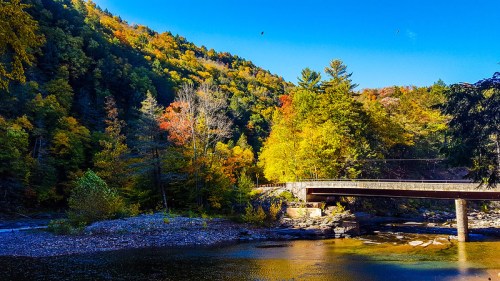A scenic view of a bridge over a river, surrounded by vibrant autumn foliage and a clear blue sky.