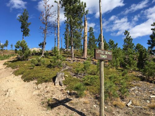 A trail sign for "Little Devils Tower" surrounded by trees and a clear blue sky.