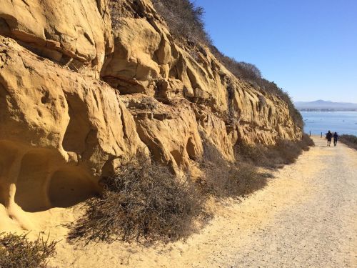 A sandy path alongside yellow rock formations, with two people walking near the water under a clear blue sky.
