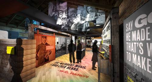 Interior of a music exhibit featuring artwork, quotes, and silhouettes of visitors in a rustic setting.
