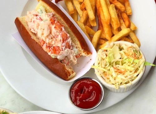 A lobster roll with coleslaw and fries, served on a white plate with a small dish of ketchup.