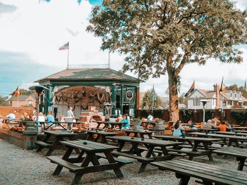 Outdoor venue with picnic tables, a stage, and people enjoying the space under a large tree, with an American flag in the background.