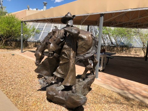 A bronze statue of a cowboy with two horses, set in a landscaped outdoor area.
