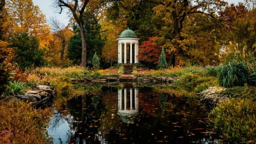 A serene garden scene with a gazebo reflected in a calm pond, surrounded by vibrant autumn foliage.