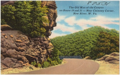 Vintage postcard depicting a winding road near a rocky cliff and lush greenery, labeled "The Old Man of the Canyon."