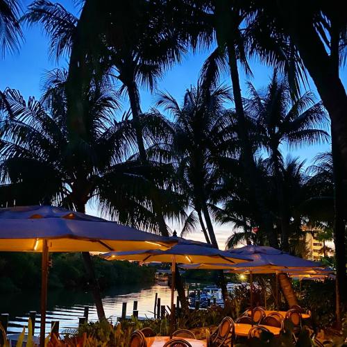 A serene evening scene with palm trees and outdoor dining tables by a calm waterway under a twilight sky.