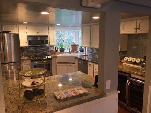 Modern kitchen with granite countertops, stainless steel appliances, and a view of greenery through large windows.