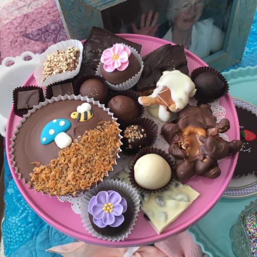 A colorful assortment of chocolates and candies on a pink plate, featuring flowers, mushrooms, and various shapes.