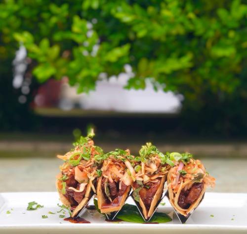 Four crispy taco shells filled with meat and topped with fresh slaw, garnished with herbs, against a blurred green background.