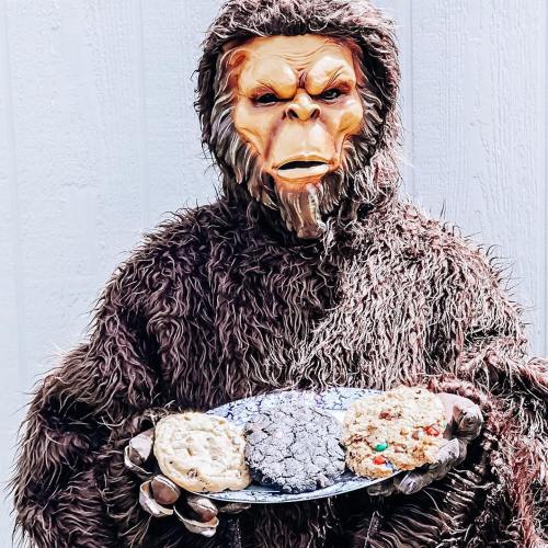 A person in a Bigfoot costume holds a plate of cookies, featuring various types, against a light background.