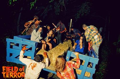 A spooky scene at night with people on a hayride, some dressed in costumes, surrounded by a haunted atmosphere.