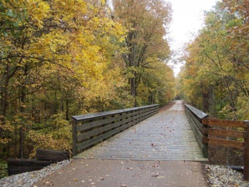 A wooden bridge spans a path surrounded by trees with vibrant autumn foliage.