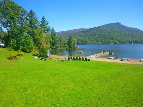 A serene lakeside scene with green grass, a dock, and mountains in the background under a clear blue sky.
