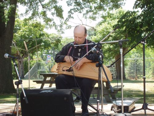 A musician plays a stringed instrument on stage, surrounded by microphones and a park setting.