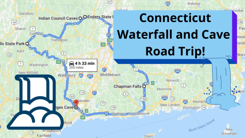 Map of a road trip route in Connecticut highlighting waterfalls and caves, with travel time and distance noted.